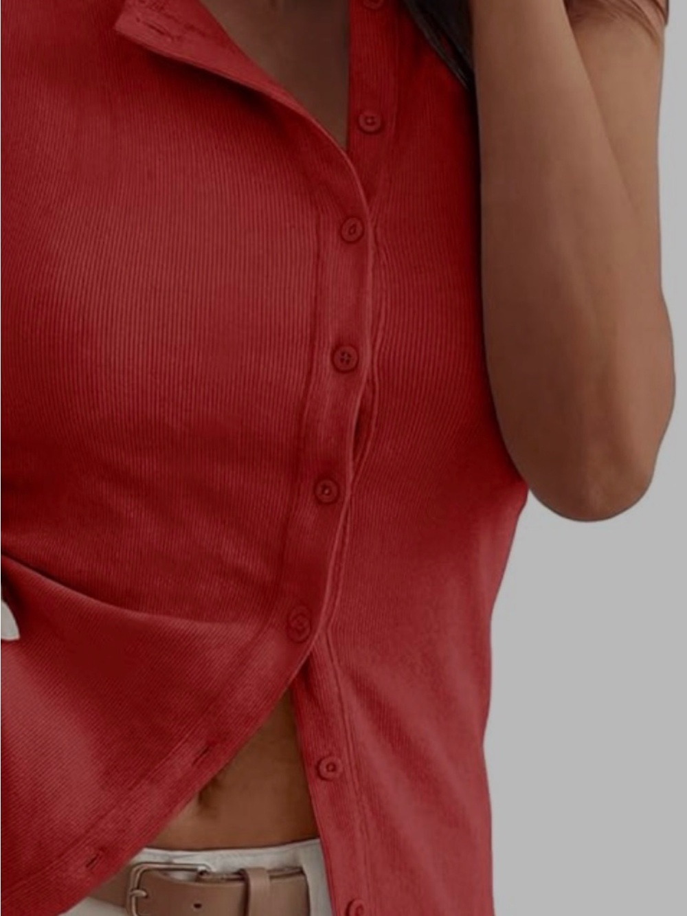 Red Sleeveless Offset Button-Front Women's Top